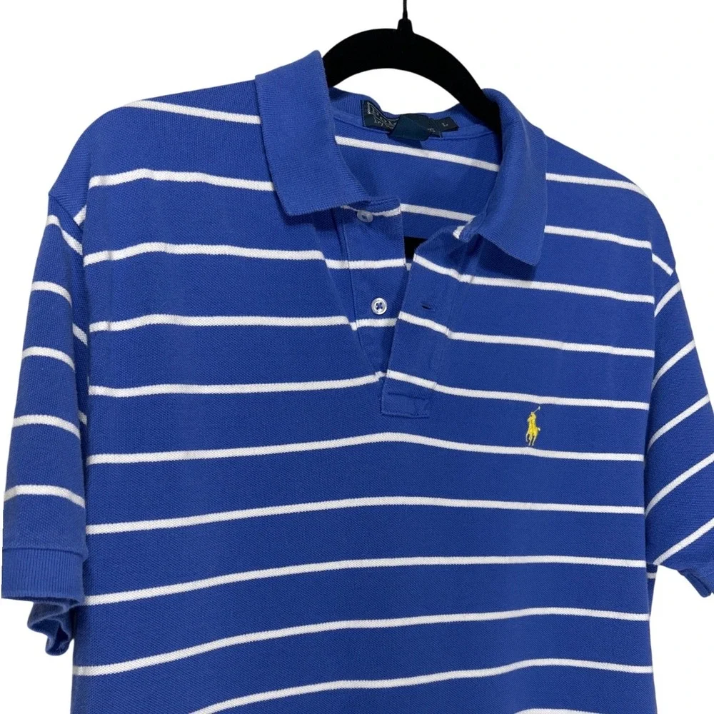 Polo Ralph Lauren Short Sleeve Polo Shirt‎ Blue White Striped Yellow Pony Large